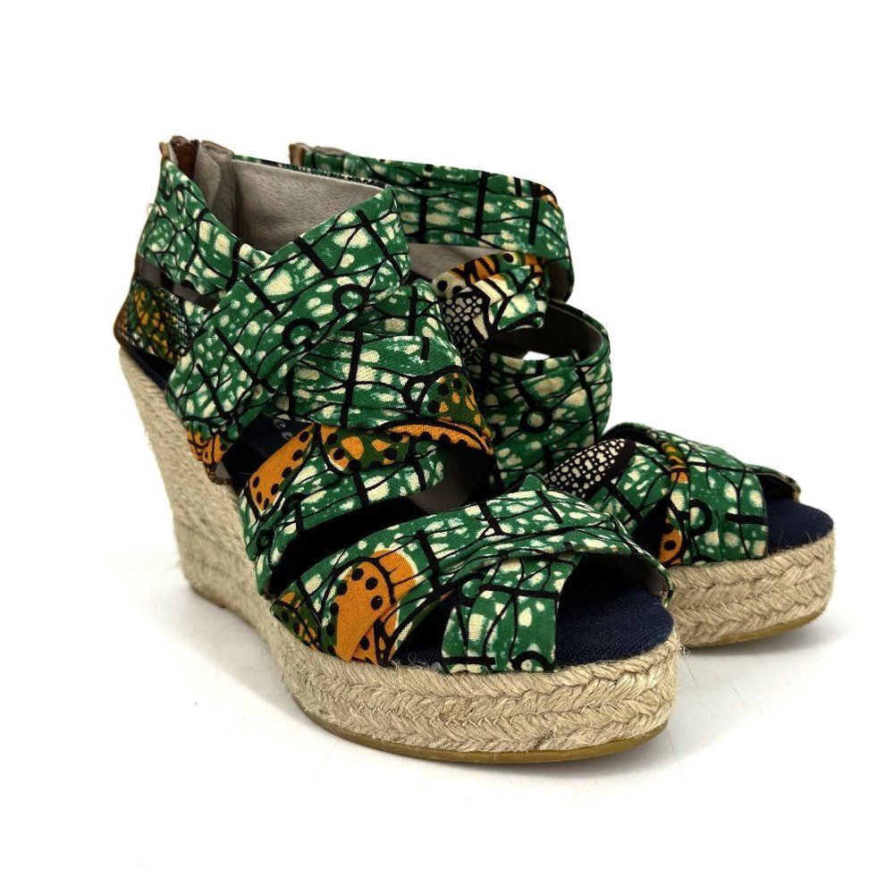 Bettye Muller Strappy African Cloth Espadrille Wedge Sandals Green Size 36 6